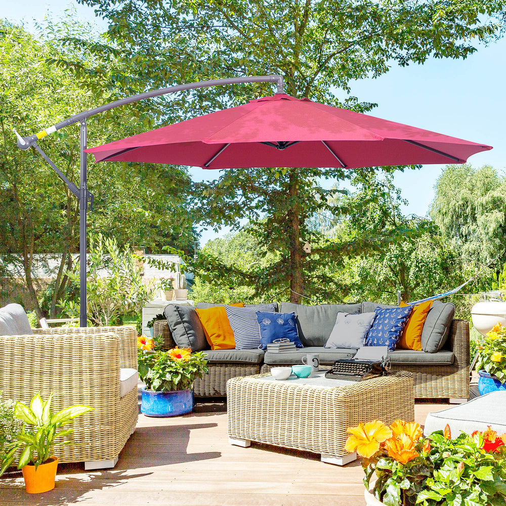 Parasol de terrasse de 10', suspendu déporté avec manivelle, base croisée, rouge vin