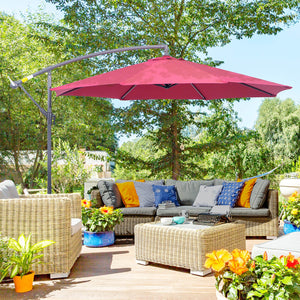 Parasol de terrasse de 10', suspendu déporté avec manivelle, base croisée, rouge vin