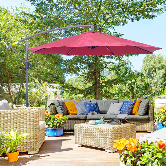 Outsunny Deluxe 10' Patio Umbrella, Offset Hanging Umbrella with Crank, Cross Base, Wine Red