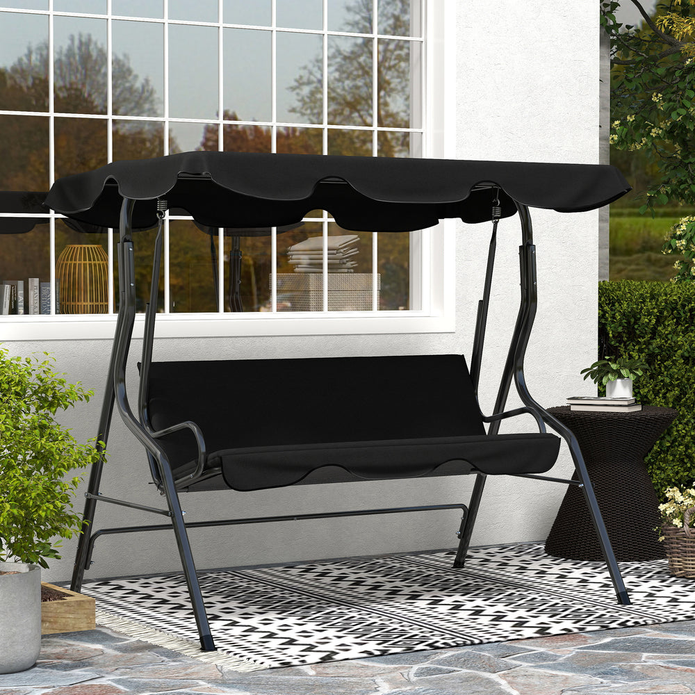 Outdoor Porch Swing with Adjustable Canopy, 3-Seater Patio Swing Chair with Cushion, Black