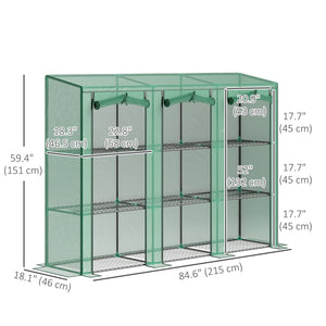 Lean-to greenhouse with 3 tiered shelves and 3 roll-up doors