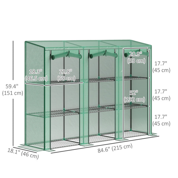 Lean-to greenhouse with 3 tiered shelves and 3 roll-up doors
