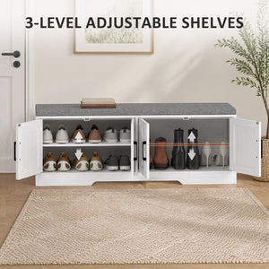 Banc à chaussures avec coussin, portes et étagères réglables pour entrée, blanc
