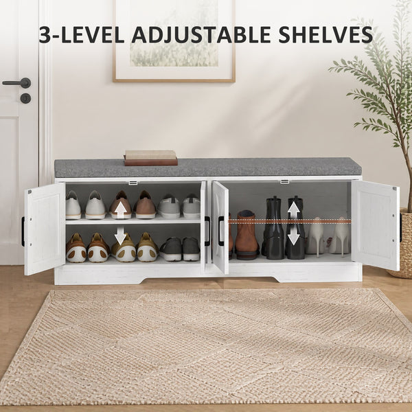 Banc à chaussures avec coussin, portes et étagères réglables pour entrée, blanc