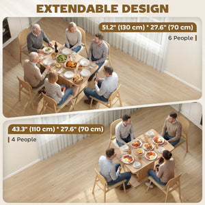 Table de salle à manger extensible pour 4 à 6 personnes avec 6 étagères ouvertes, en bois naturel.