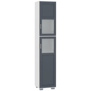 Meuble de rangement de salle de bain avec portes en verre mat et étagères à 5 niveaux, blanc et gris