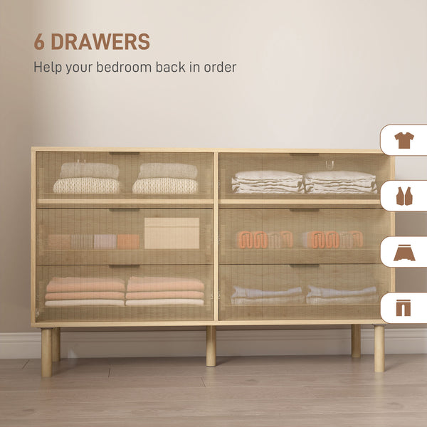 6-drawer chest, fluted panels and solid wood legs, oak color