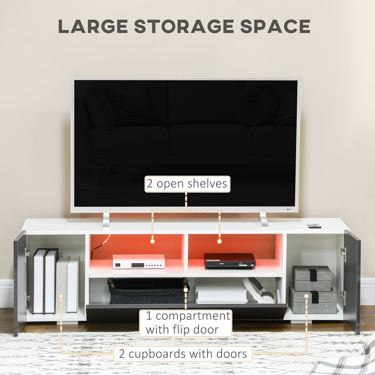 HOMCOM TV Stand for TVs up to 60 inches, with LED Lighting, Shelves and Storage Cupboards, 53.9 inches x 13.8 inches x 16.5 inches, Gray