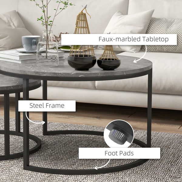 Lot de 2 tables basses modernes avec base en métal pour salon, imitation marbre gris