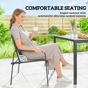 Ensemble repas d'extérieur pour 6 personnes, table et chaises de patio en faux bois avec assise en maille respirante, structure en acier galvanisé, noir