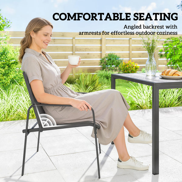 Ensemble repas d'extérieur pour 6 personnes, table et chaises de patio en faux bois avec assise en maille respirante, structure en acier galvanisé, noir