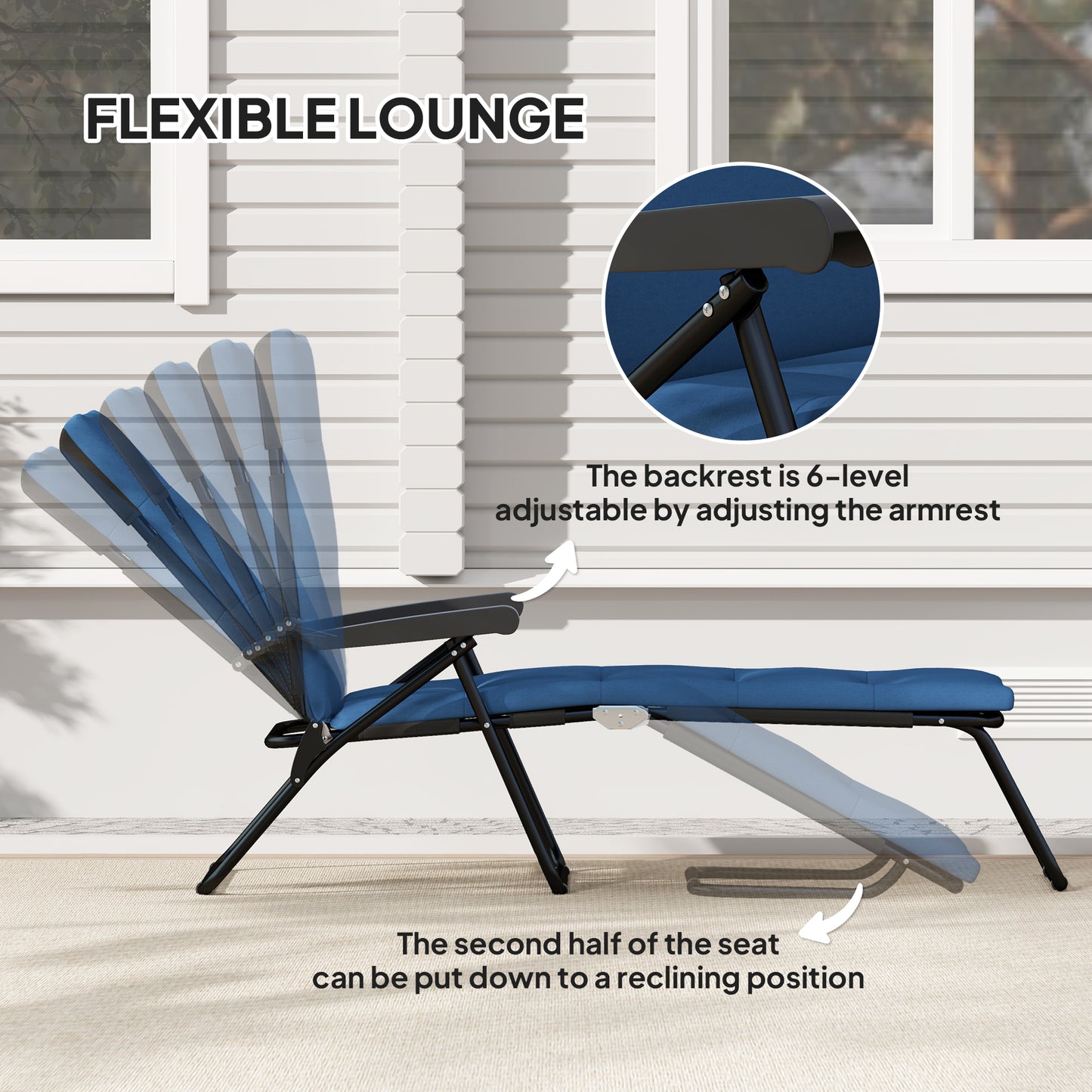 Chaise longue inclinable avec dossier réglable sur 6 positions, bleu