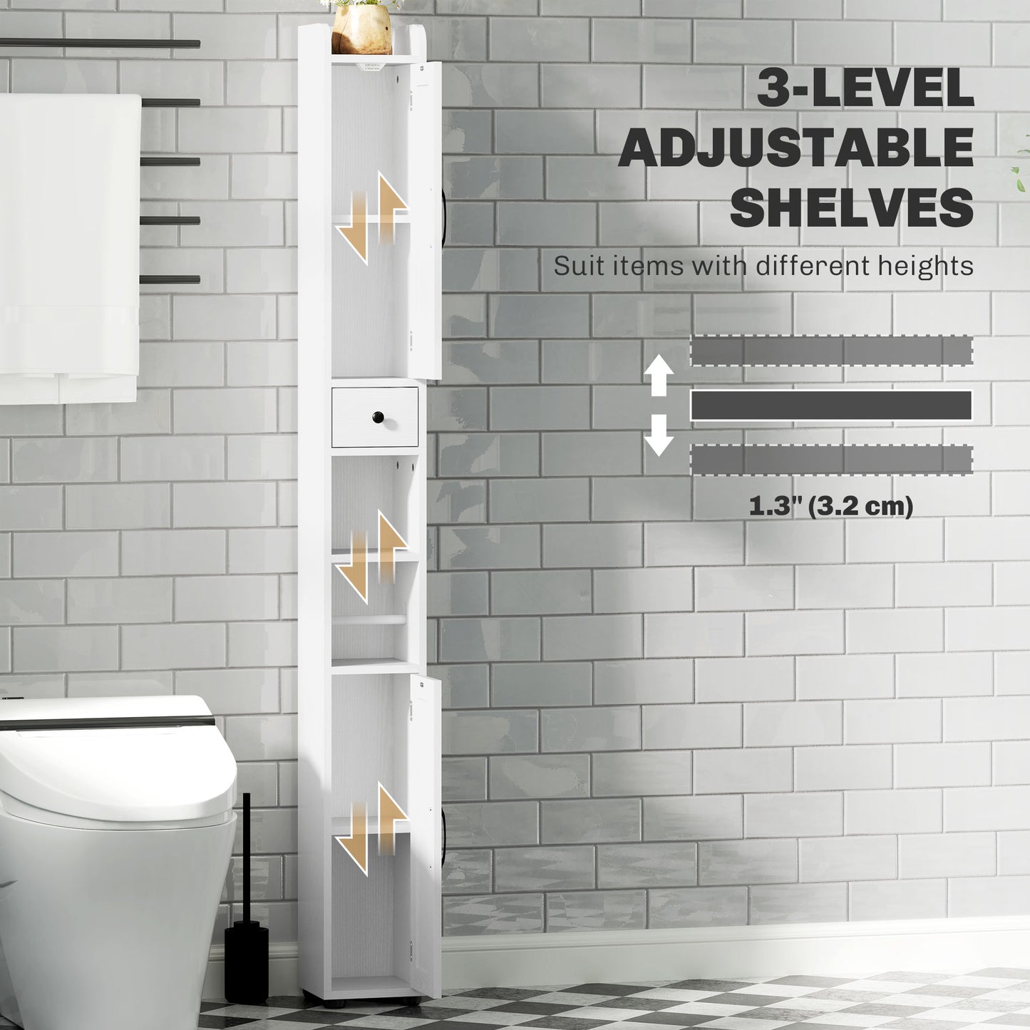 Meuble de salle de bain étroit  avec portes de grange, tiroir et étagères réglables, aspect bois blanc