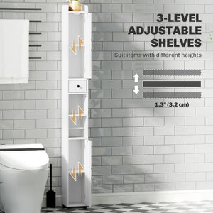 Meuble de salle de bain étroit  avec portes de grange, tiroir et étagères réglables, aspect bois blanc