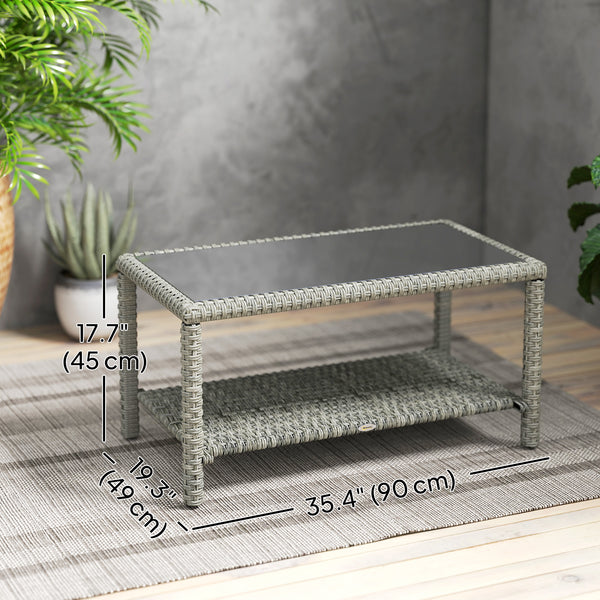 Table basse d'extérieur en résine tressée avec plateau en verre et étagère de rangement, gris