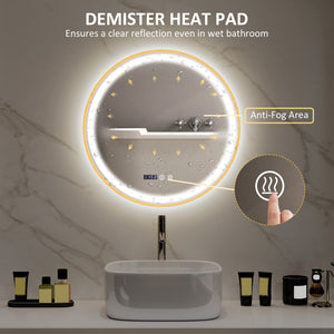 Round bathroom mirror with LED lighting with anti-fog coating, gold