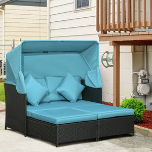 Patio Daybed, Outdoor Wicker Double Daybed, PE Rattan Sun Lounger for 2-Person with Cushions, and Foldable Awning, for Garden, Balcony, Poolside, Green