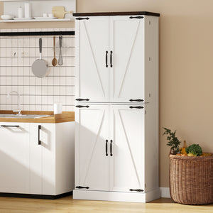 Armoire de cuisine de 183 cm de haut, style ferme, avec 8 portes et étagères réglables, blanche.