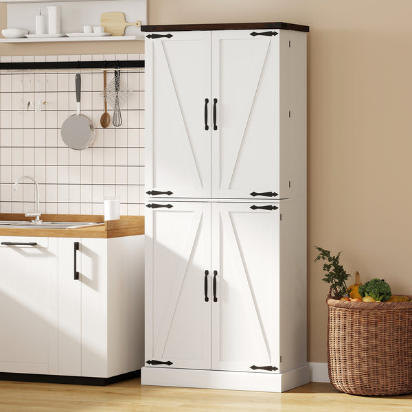 Armoire de cuisine de 183 cm de haut, style ferme, avec 8 portes et étagères réglables, blanche.