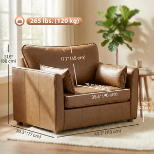 Faux leather accent chair with wide seat, spring cushion, rubberwood legs, 2 cushions, brown