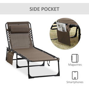 Chaise longue pliante avec dossier réglable et coussin amovible, marron