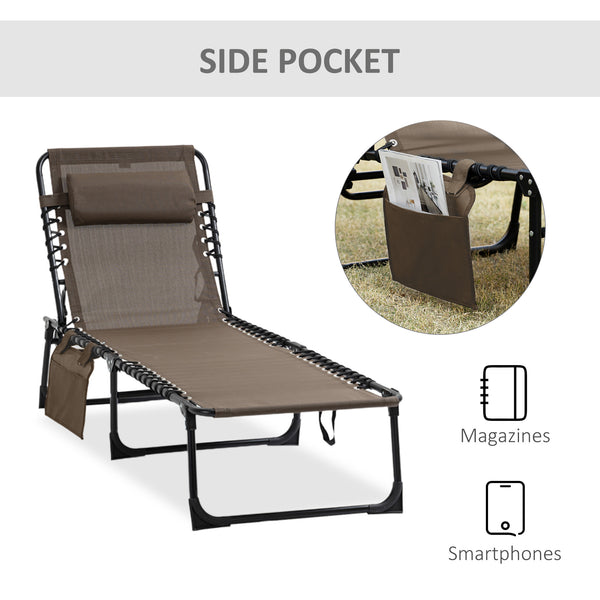 Chaise longue pliante avec dossier réglable et coussin amovible, marron