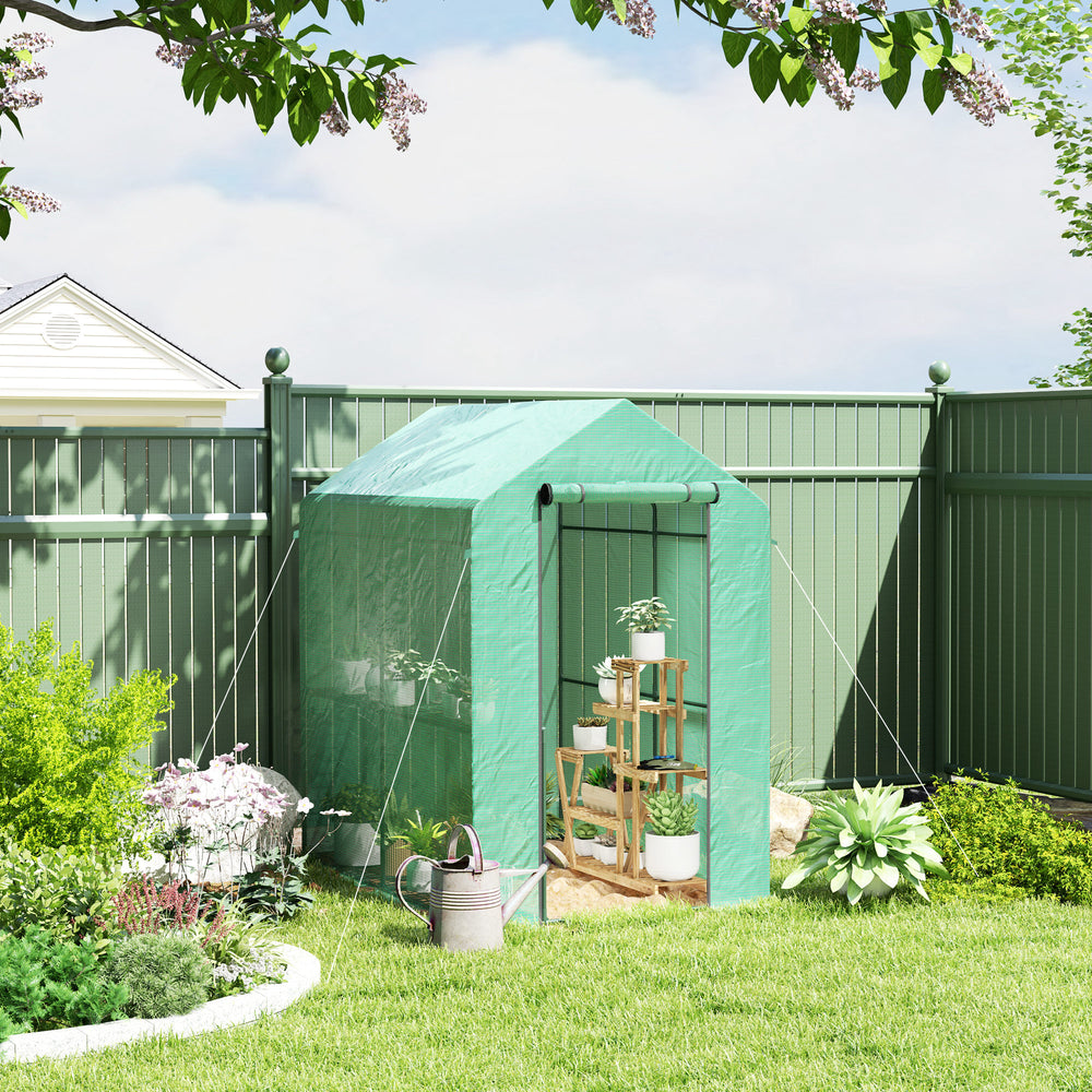Portable outdoor greenhouse with roll-up door, green