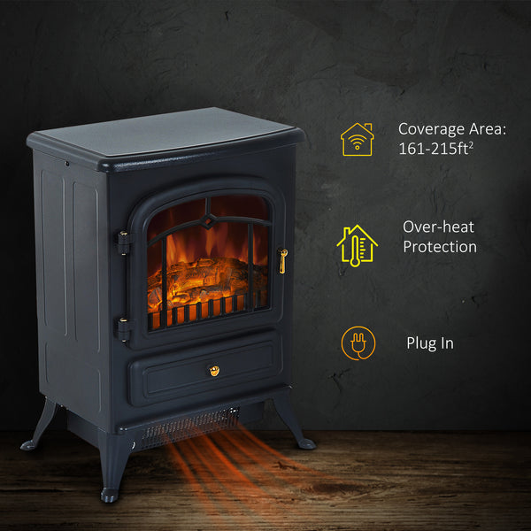40cm Freestanding Electric Fireplace with Wood Burning Flame 750/1500W Black