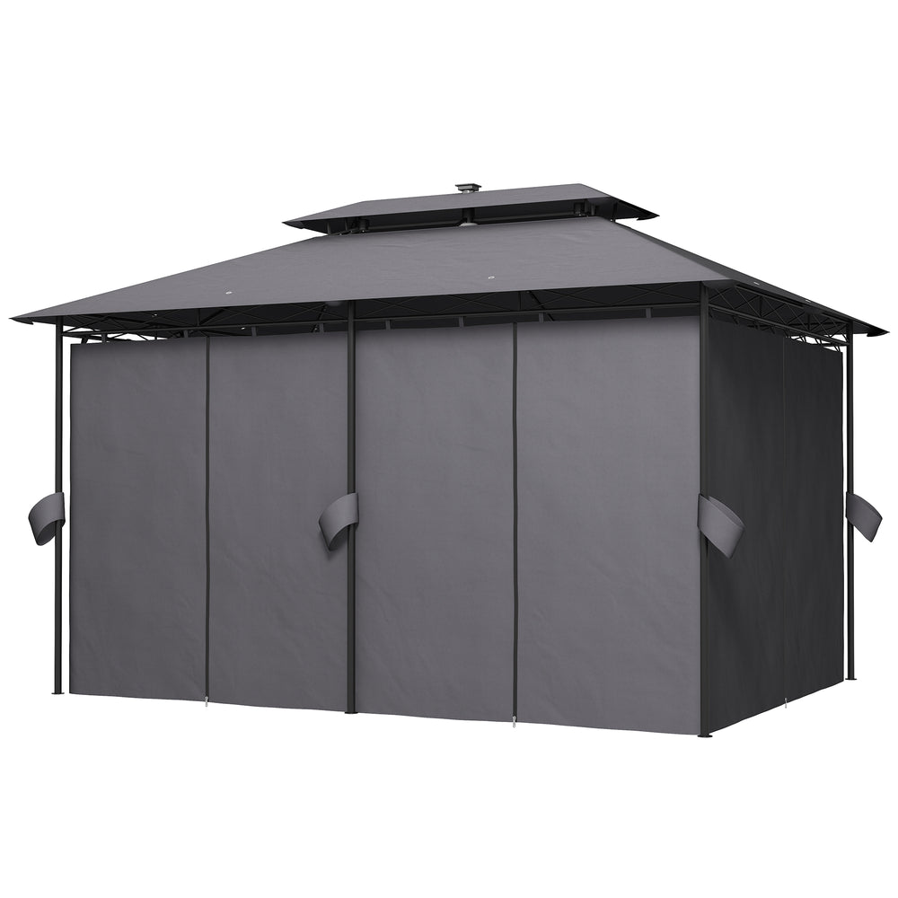 Abri de jardin moderne avec éclairage solaire intégré, rideaux inclus et structure double toit pour meilleure ventilation