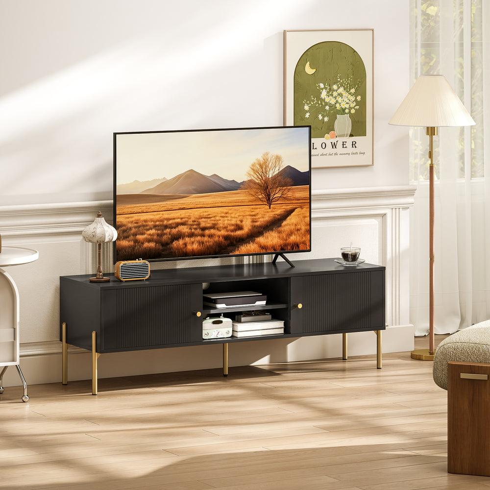 Meuble TV pour téléviseurs jusqu'à 65 pouces, centre multimédia avec 2 étagères ouvertes, 2 placards et pieds en acier pour salon, noir