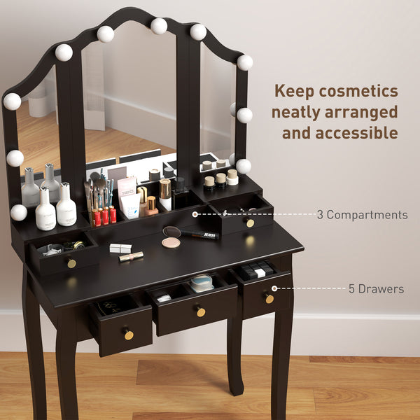 Coiffeuse avec tabouret, 10 lumières LED, 5 tiroirs et 3 compartiments, noir