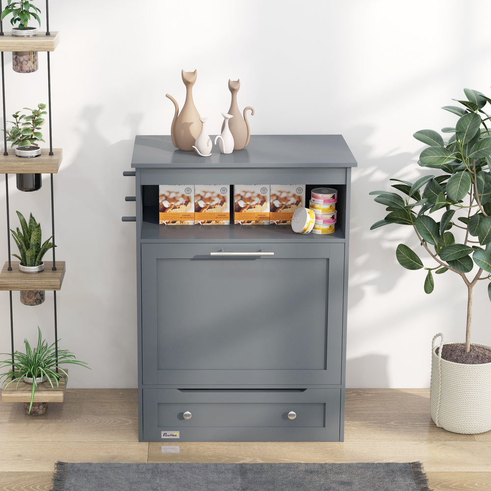 Grey food storage cabinet with elevated bowls