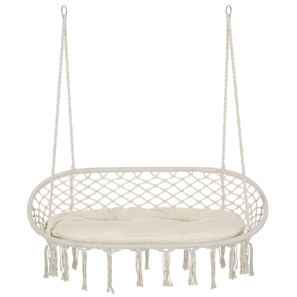 Patio Hammock Chair 2 Seat, Hanging Rope Hammock Swing Chair with Metal Frame and Cushion, Large Macrame Seat for Indoor and Outdoor 396 lbs Capacity, Cream White