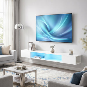 TV Stand with RGB LED Lights, Entertainment Center with Open Shelves for 75 Inch TV, White