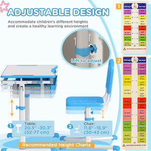 Height Adjustable Study Table and Chair Set with Drawer, Blue