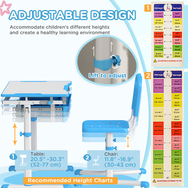 Height Adjustable Study Table and Chair Set with Drawer, Blue
