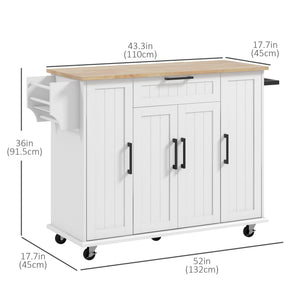 Îlot de cuisine roulant moderne avec tiroirs, plateau en bois naturel, porte-serviettes et placard de rangement, blanc