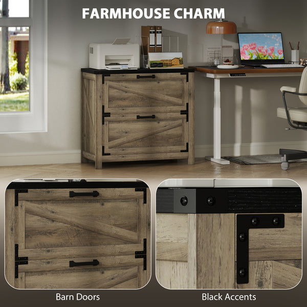 Classeur à 2 tiroirs de style campagnard avec barres de suspension réglables pour format lettre, A4, légal, gris