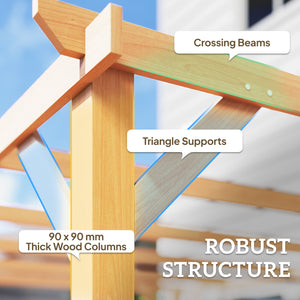 Pergola en bois 10' x 13', supports triangulaires, ancrages en béton, bois naturel