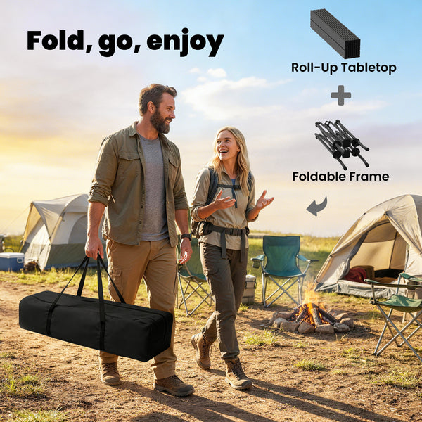 Table de camping pliante avec filet de rangement, sac de transport et structure métallique, noire