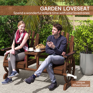 Two-seater outdoor wooden bench in the shape of a wagon wheel