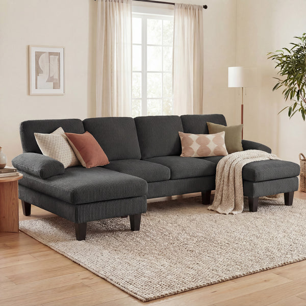 Sectional Sofa, U Shaped Couch with Double Chaise, Pillow-top Armrests and Spring Cushions, 2200lb Capacity, Dark Grey