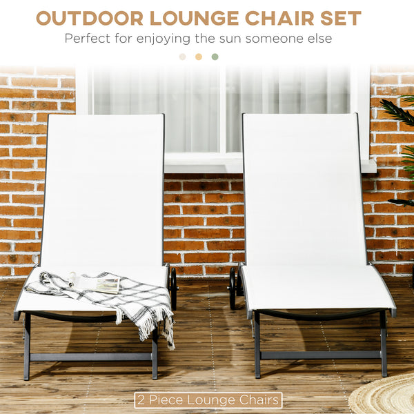 Outdoor Lounge Chair Set of 2, Tanning Chair with Wheels, Breathable Mesh for Patio, Backyard, Poolside, Cream White