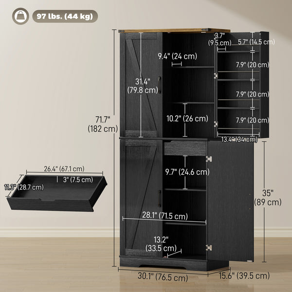 Meuble de rangement style campagnard avec 4 portes et étagère réglable, noir