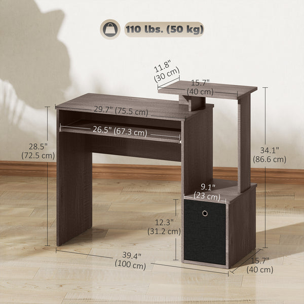 Bureau d'ordinateur avec plateau coulissant pour clavier, tiroir de rangement, gris