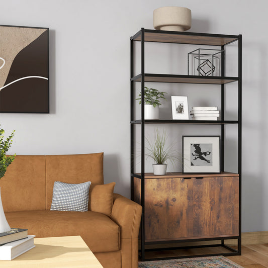 Storage unit with 3 open shelves and closed cupboard, rustic brown