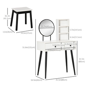 Coiffeuse avec tabouret, tiroirs et étagère, blanc et noir