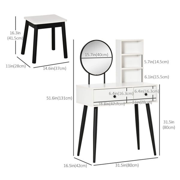 Coiffeuse avec tabouret, tiroirs et étagère, blanc et noir