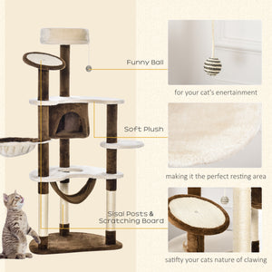 60-inch Cat Tree, Cat Bed, House &amp; Toys - Brown &amp; Beige