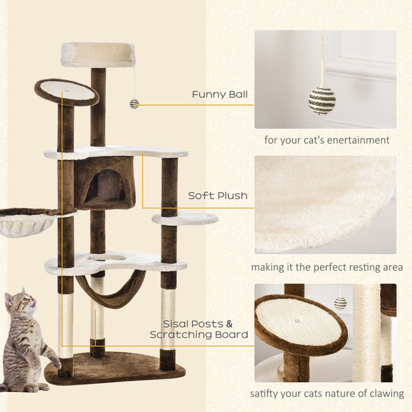 60-inch Cat Tree, Cat Bed, House &amp; Toys - Brown &amp; Beige